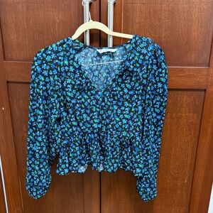 Mango Black V-Neck Long Sleeve Floral Blouse - Blue/Green Print